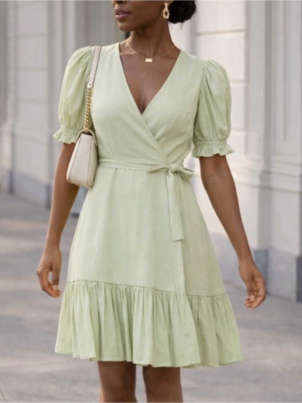 Antonio Melani Light Green Linen Puff Wrap Dress Sz 10